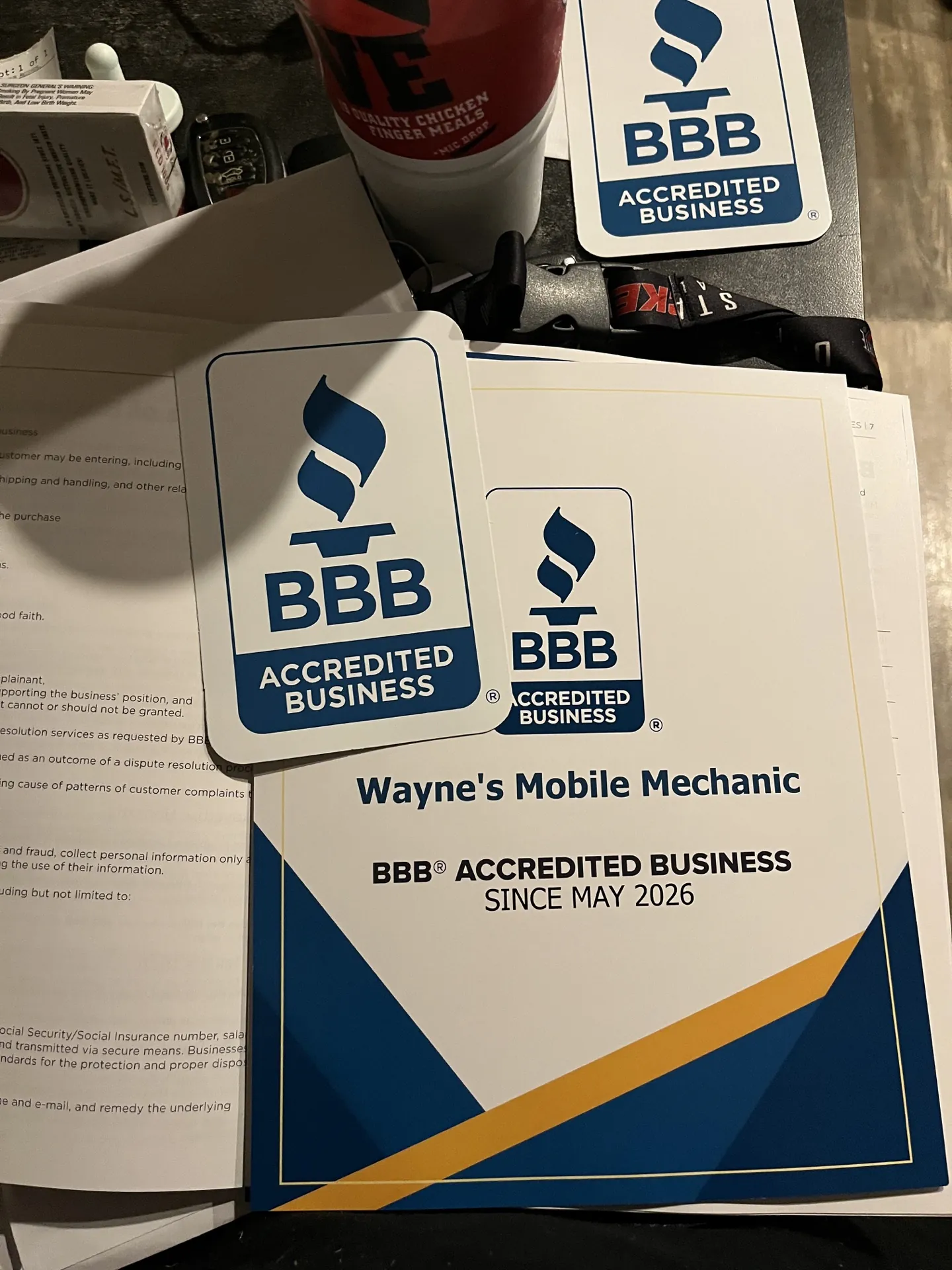 Wayne's Mobile Mechanic BBB Accredited Business materials from May 2026